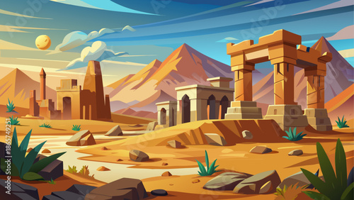 Ancient desert ruins standing in sandy landscape