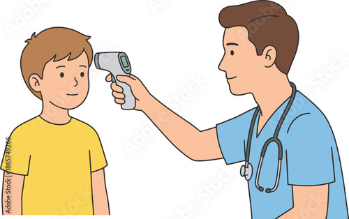 Doctor checking child temperature, pediatric health examination, infrared thermometer use, medical consultation illustration, healthcare safety concept, fever screening, clinic visit, child care