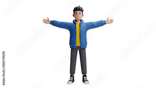 3D cartoon boy with arms spread wide