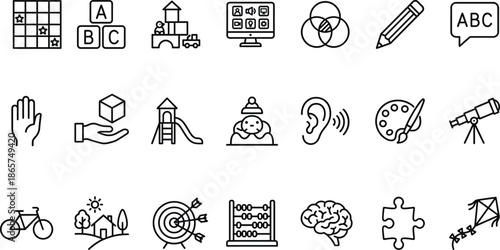 Education learning icons set, school childhood creativity symbols, outline vector illustration, teaching tools, knowledge development, kids activities, classroom elements, study concept collection