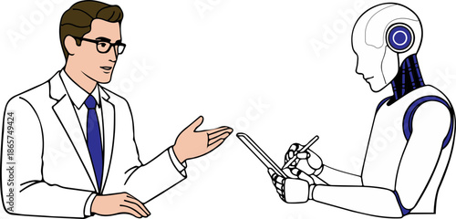 Businessman Discussing Work Strategy with AI Assistant in Professional Business Meeting Illustration