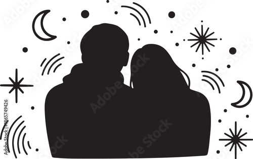 Silhouette of a loving couple under starry night sky