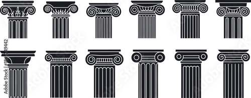 Set of Black Ancient Greek and Roman Column Capitals and Shafts architecture