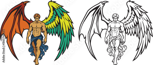 Winged Male Figure with Angel and Demon Wings Vector Illustration