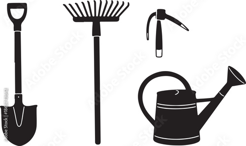 Gardening tools icons set including shovel, rake, watering can, and hoe