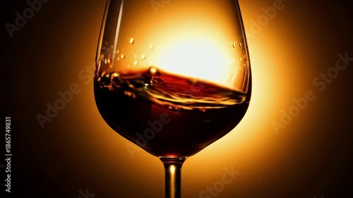 A glass of red wine with a warm golden glow.