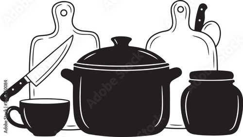 Black and white kitchen utensils and cookware illustration