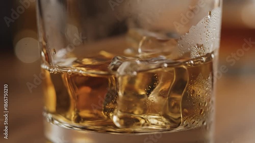 A chilled glass of whiskey on the rocks with ice cubes.