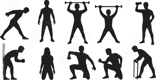Silhouette of people exercising and stretching in various poses