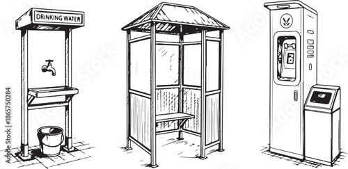 Three Vintage Phone Booths Isolated on White Background Vector Illustration