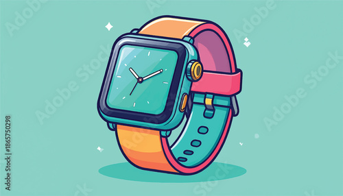 Cartoon Smartwatch Illustration with Orange and Pink Band.