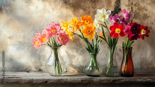 Wallpaper Mural Bright Colorful Flower Arrangements in Glass and Ceramic Vases on a Weathered Rustic Shelf perfect for home decor, floral backgrounds, and creative projects. Torontodigital.ca