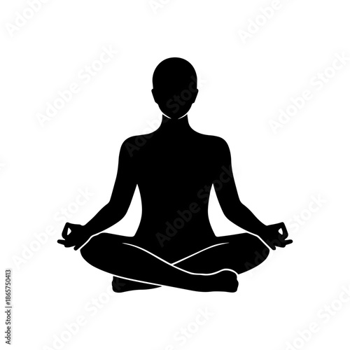 A serene vector illustration of a fit woman sitting in a lotus pose silhouette to represent zen meditation, health, and spiritual peace through yoga exercise