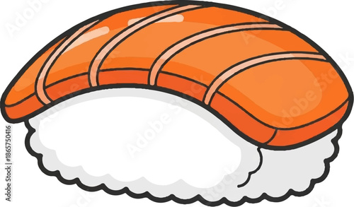 A vibrant cartoon illustration of a single piece of salmon nigiri sushi