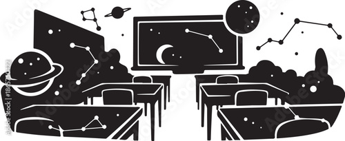 Astronomy classroom with students and celestial objects on screen