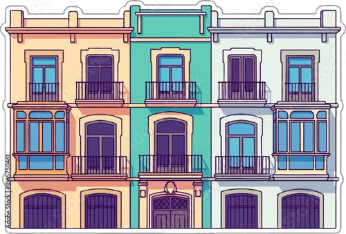 Colorful buildings with balconies and arched doorways