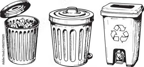 Three Trash Cans Waste Recycling Bins Flat Design Vector Illustration