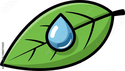 A bright green leaf with a single blue water droplet centered on its surface