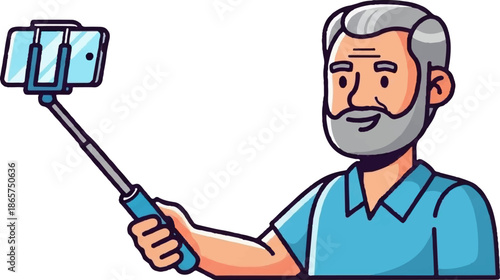 Older man with gray beard and hair, wearing blue shirt, taking selfie with phone on stick