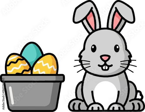 A cute grey rabbit sits beside a gray container filled with three colorful Easter eggs