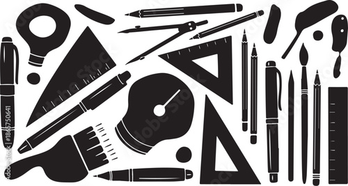 Stationery and drawing tools in black and white illustration