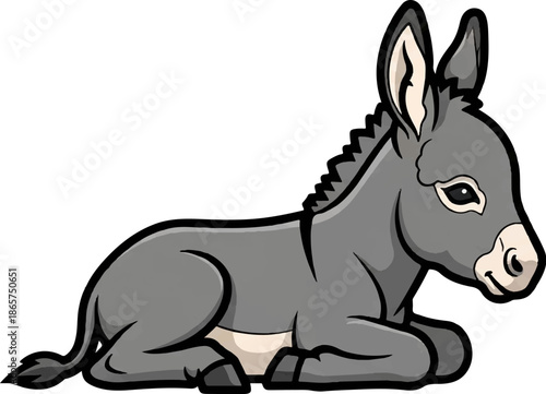 Adorable cartoon donkey lying down peacefully on a white background