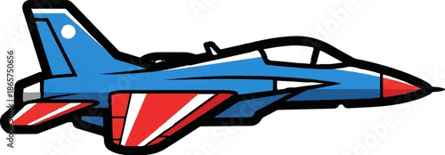 A stylized cartoon fighter jet, primarily blue with red and white accents, depicted mid-flight