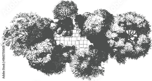 Overhead view of a stylized garden with trees and a tiled path foliage