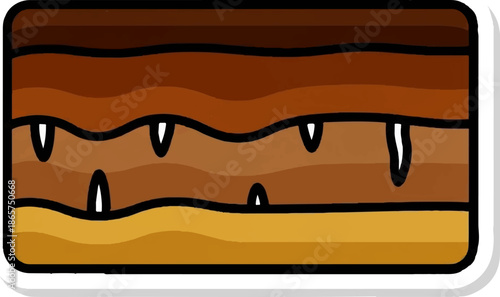Stylized layered earth cross-section with fangs and eyes