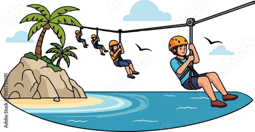 People zip-lining over a tropical ocean with palm trees and a rocky island