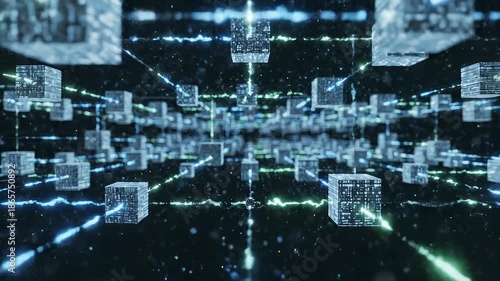 Futuristic digital landscape with interconnected data cubes and neon lights.