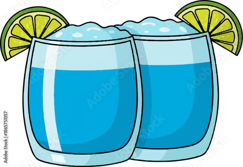Two refreshing blue drinks with frothy tops and lime wedges