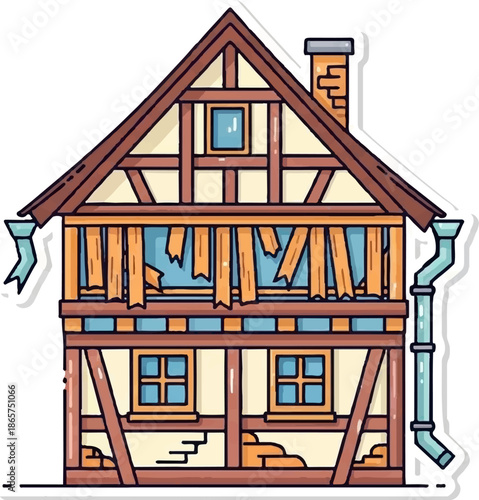 A cartoonish, weathered half-timbered building with broken windows and falling planks