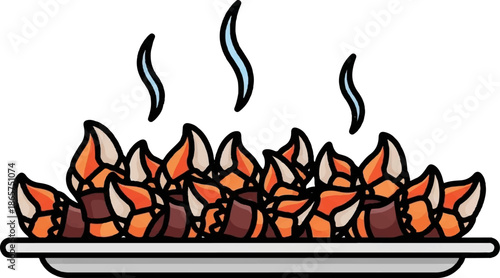 A plate of steaming, appetizing, segmented food items with bold outlines