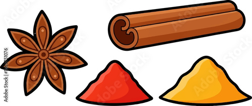 A still life illustration features a star anise, two cinnamon sticks, and two piles of spices