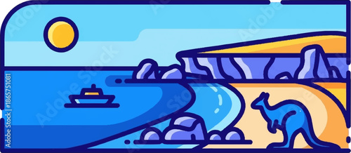 Stylized Australian coast with sun, boat, rocks, cliff, and kangaroo