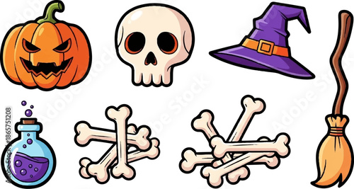 Halloween icons pumpkin, skull, witch hat, potion, bones, and broomstick