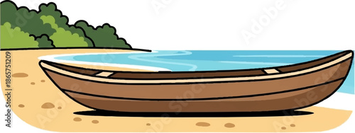 A brown canoe rests on a sandy beach beside lush green trees and calm blue water