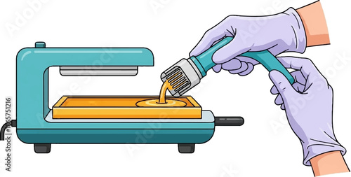 Hands in gloves applying liquid to a tray on a device