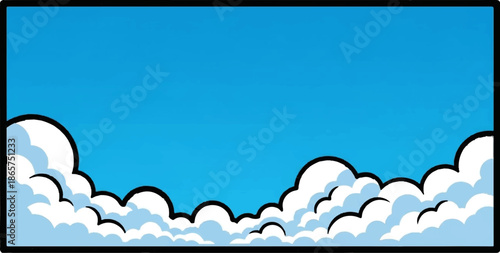 Stylized cartoon clouds against a bright blue sky, creating a whimsical backdrop