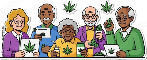 Diverse seniors gathered, holding cannabis products and information