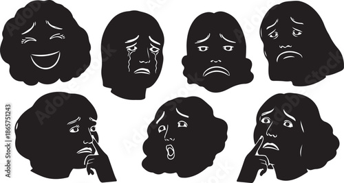 Various Emotions of a Woman's Face in Black Silhouette