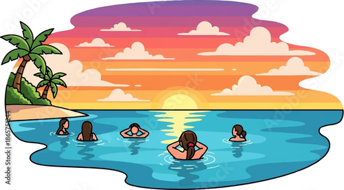 People swimming in ocean at sunset with palm trees on beach