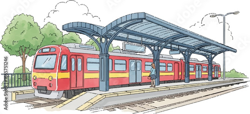 A watercolor illustration shows a red and yellow train stopped at a covered station with a lone person waiting