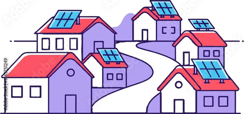 A whimsical, hand-drawn illustration of a stylized neighborhood with houses featuring solar panels