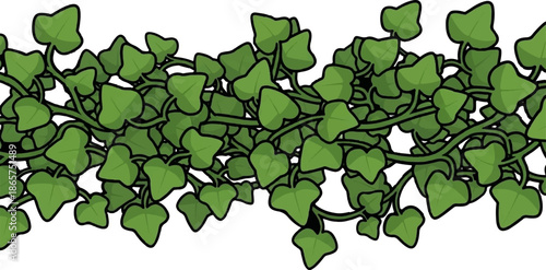Stylized, cartoonish green vines with heart-shaped leaves flow horizontally across a white background