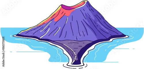 A stylized purple volcano erupts with pink and yellow lava into blue water