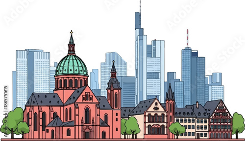 A city skyline features a domed church and traditional buildings against modern skyscrapers