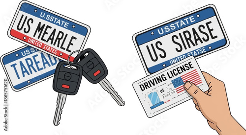 A hand holds a US driving license, near two car keys and three US state license plates