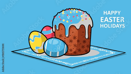 Decorated cake and eggs on a festive napkin with holiday greetings